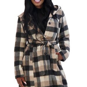 Steve Madden Plaid Hooded Coat with Belt Size Large